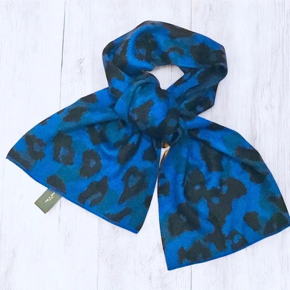 NWT Rag & Bone Mohair Alpaca Silk Blend Scarf Blue Leopard Print